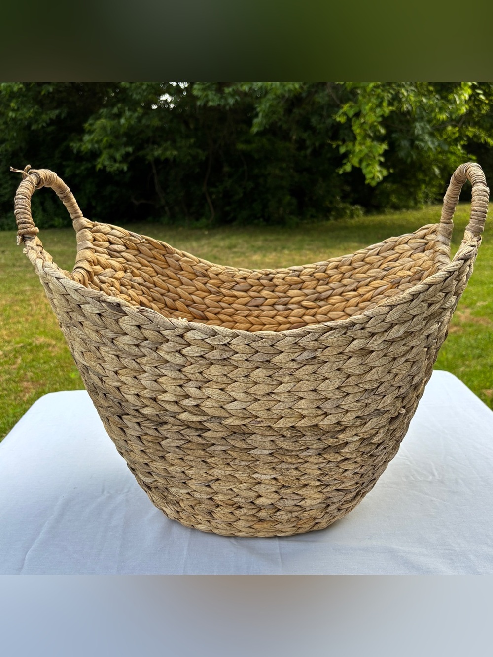 Large Natural Woven Water Hyacinth Boat Basket with Handles